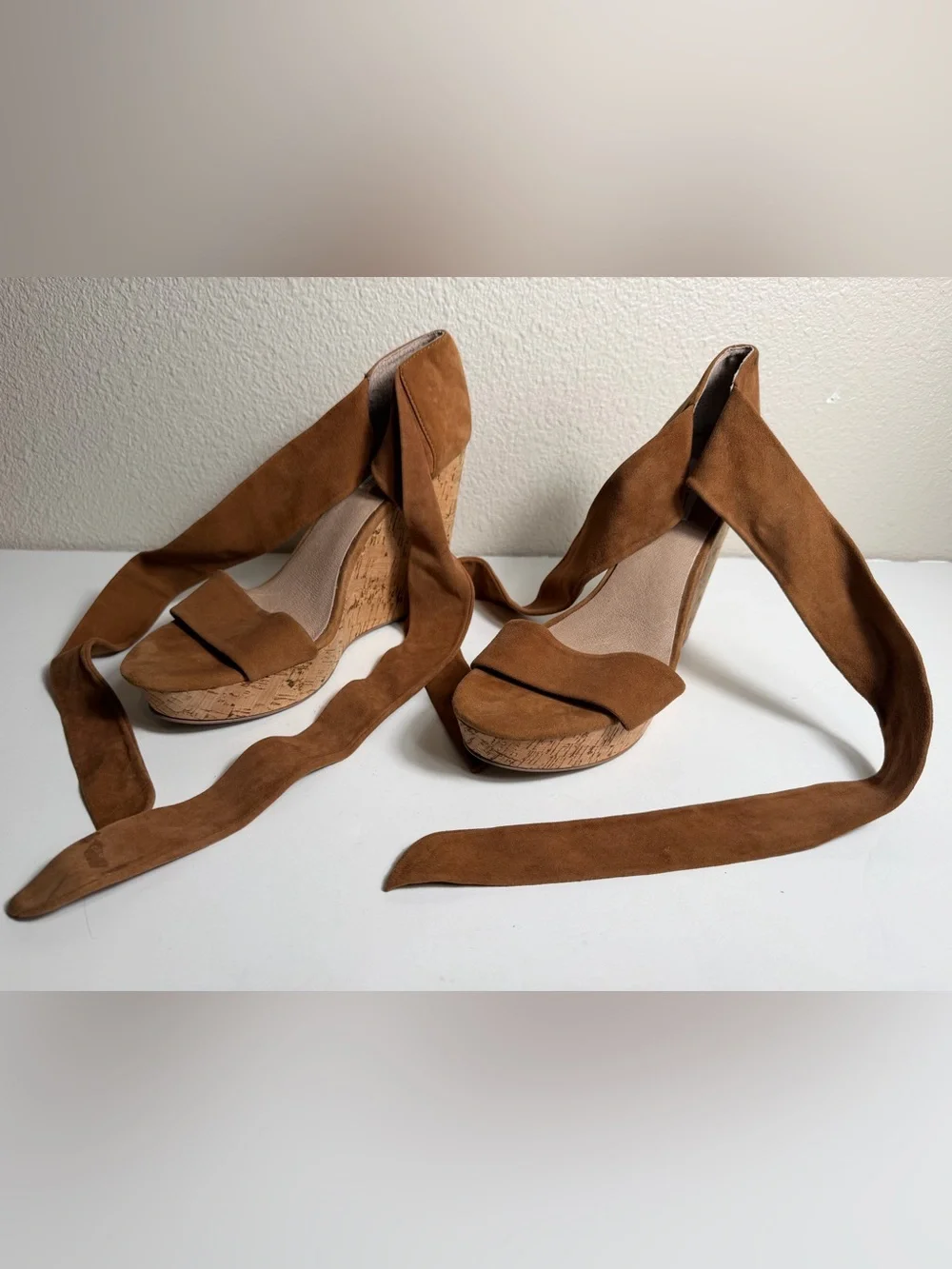 Saks Fifth Avenue~Cognac~Suede Leather Wrap~Cork~Wedge~Platform~Sandal~Size 9.5